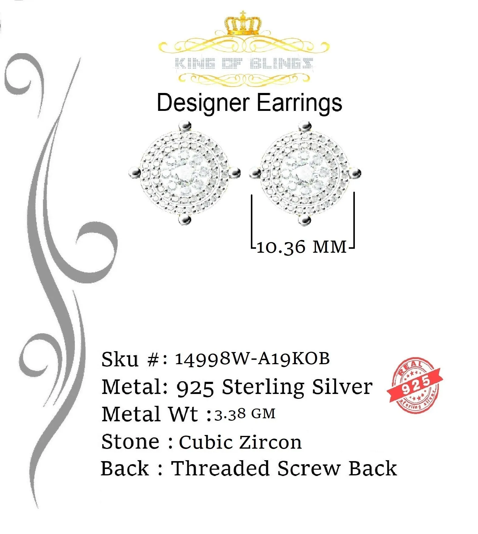 King of Blings- 925 White Silver Hip Hops 0.83ct Cubic Zirconia Women's & Men's Round Earrings