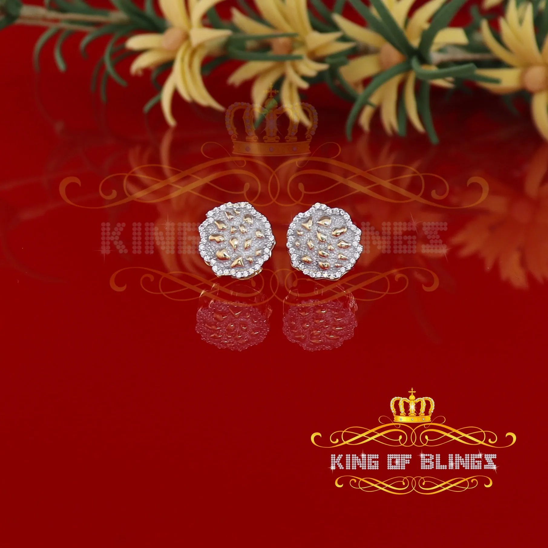 King of Bling's 925 Yellow Silver Nuggtte's 1.38ct Cubic Zirconia Hip Hop Flower Women Earrings