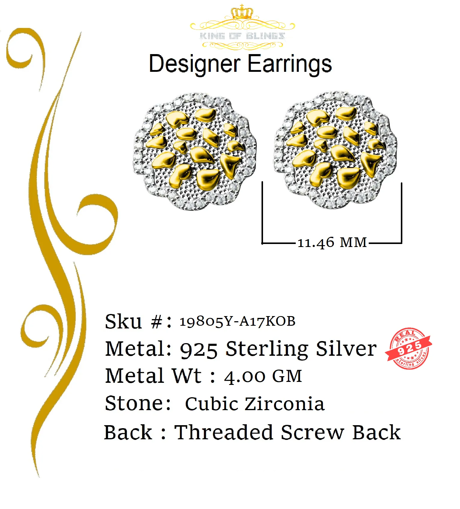 King of Bling's 925 Yellow Silver Nuggtte's 1.38ct Cubic Zirconia Hip Hop Flower Women Earrings