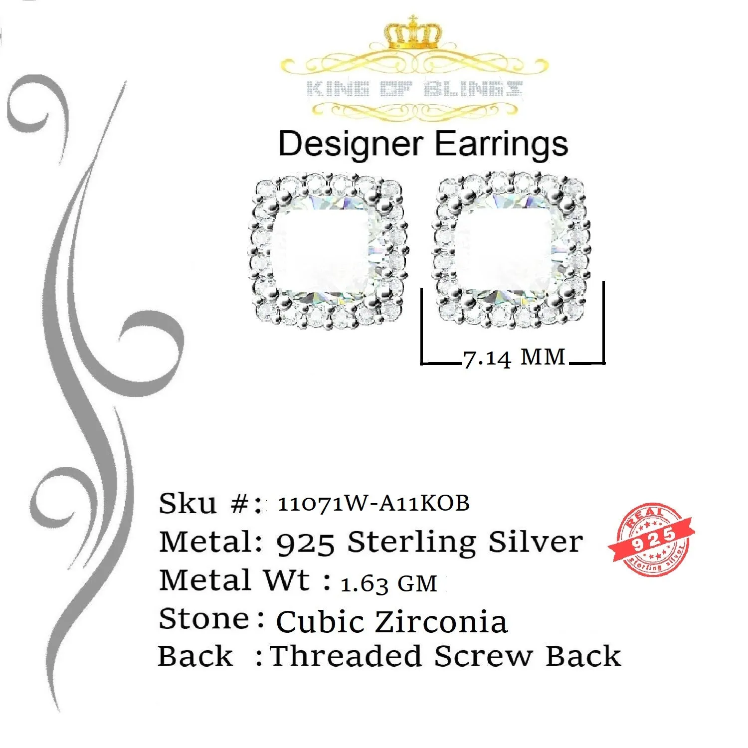 King of Blings- Hip Hop Screw Back White 2.07ct Silver Cubic Zirconia Women's & Men's Earrings