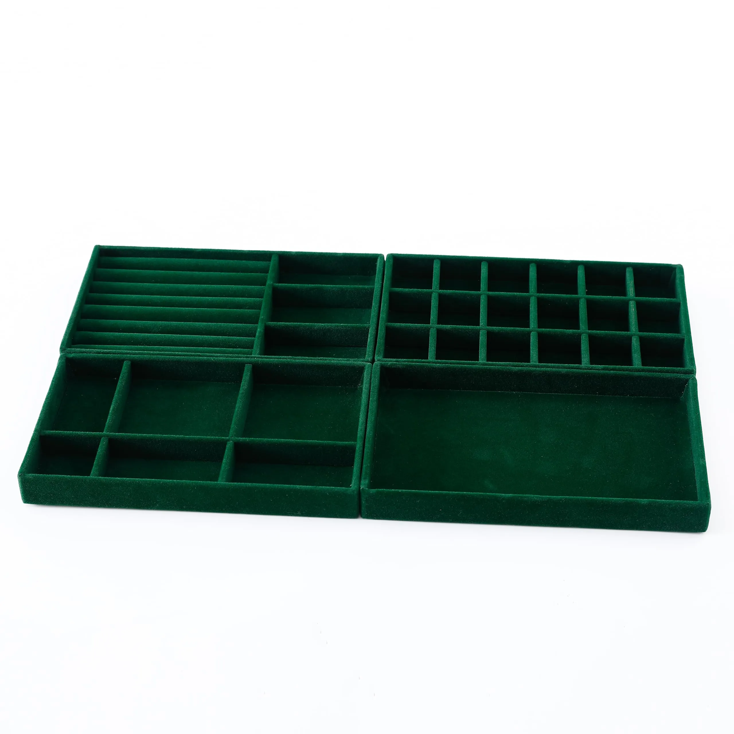 Kuber Industries 4 Pieces Velvet Jewelry Trays Organizer | Jewelry Storage Box | Jewelry Organizer | Showcase Holder Dresser Organizer for Earring Necklace Ring | Pack of 1 | YBL4-05 |Dark Green