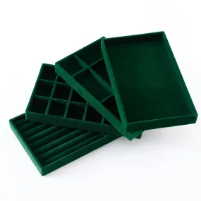 Kuber Industries 4 Pieces Velvet Jewelry Trays Organizer | Jewelry Storage Box | Jewelry Organizer | Showcase Holder Dresser Organizer for Earring Necklace Ring | Pack of 1 | YBL4-05 |Dark Green