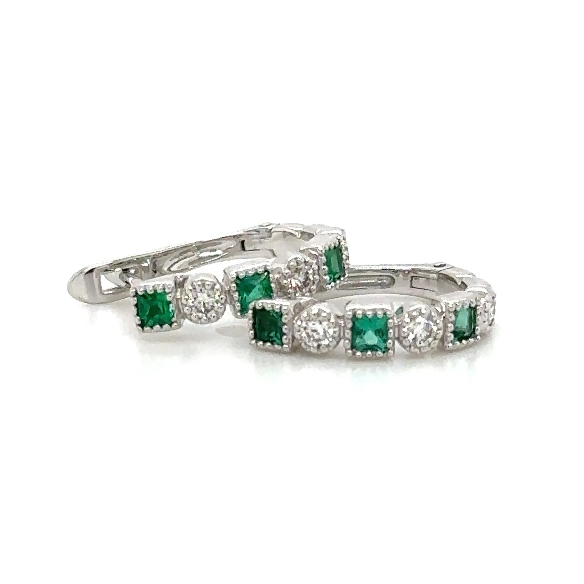 Ladies 3 Stone Princess-cut Emerald & Diamond Huguie Earrings 0.40ct tw