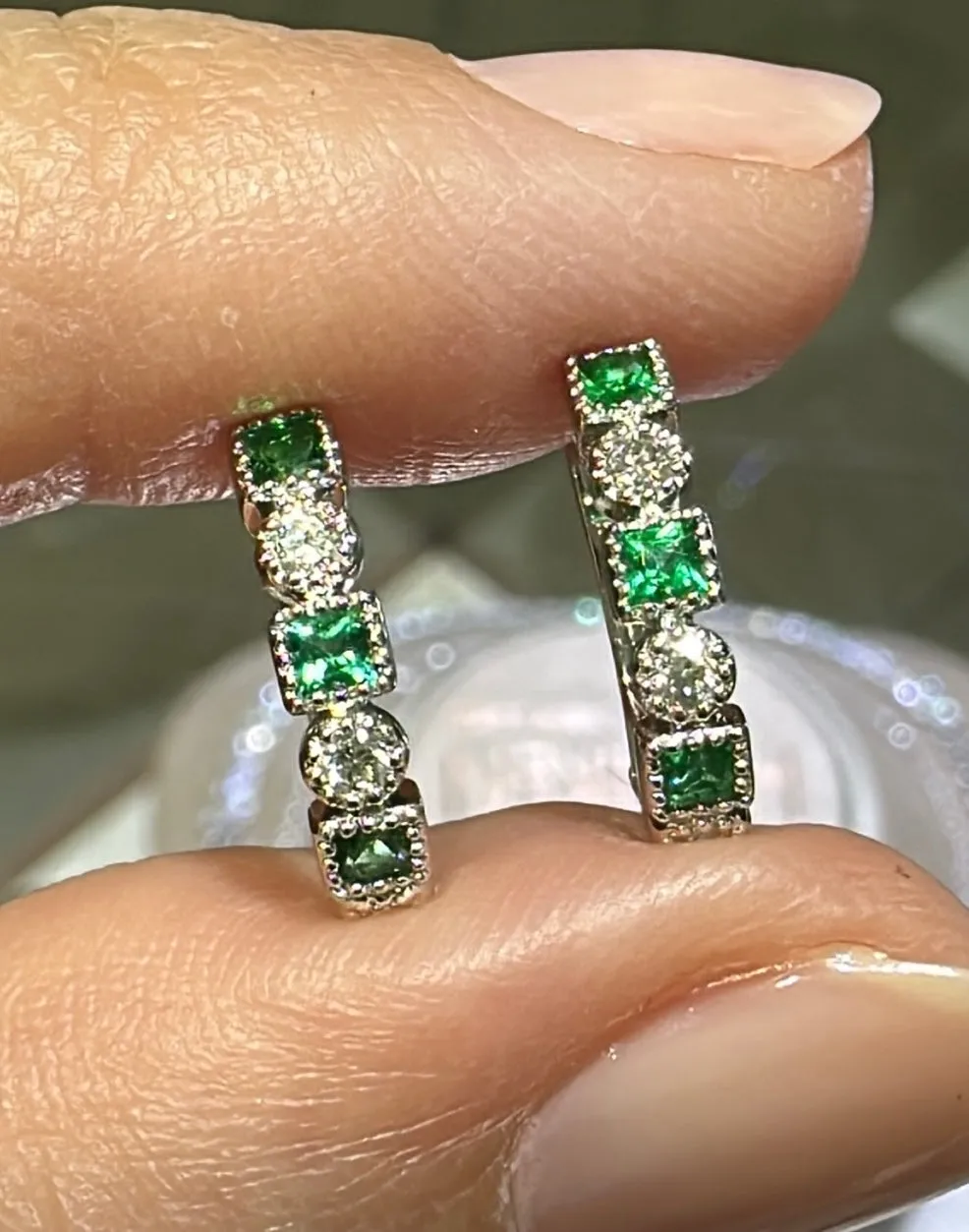 Ladies 3 Stone Princess-cut Emerald & Diamond Huguie Earrings 0.40ct tw