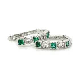 Ladies 3 Stone Princess-cut Emerald & Diamond Huguie Earrings 0.40ct tw