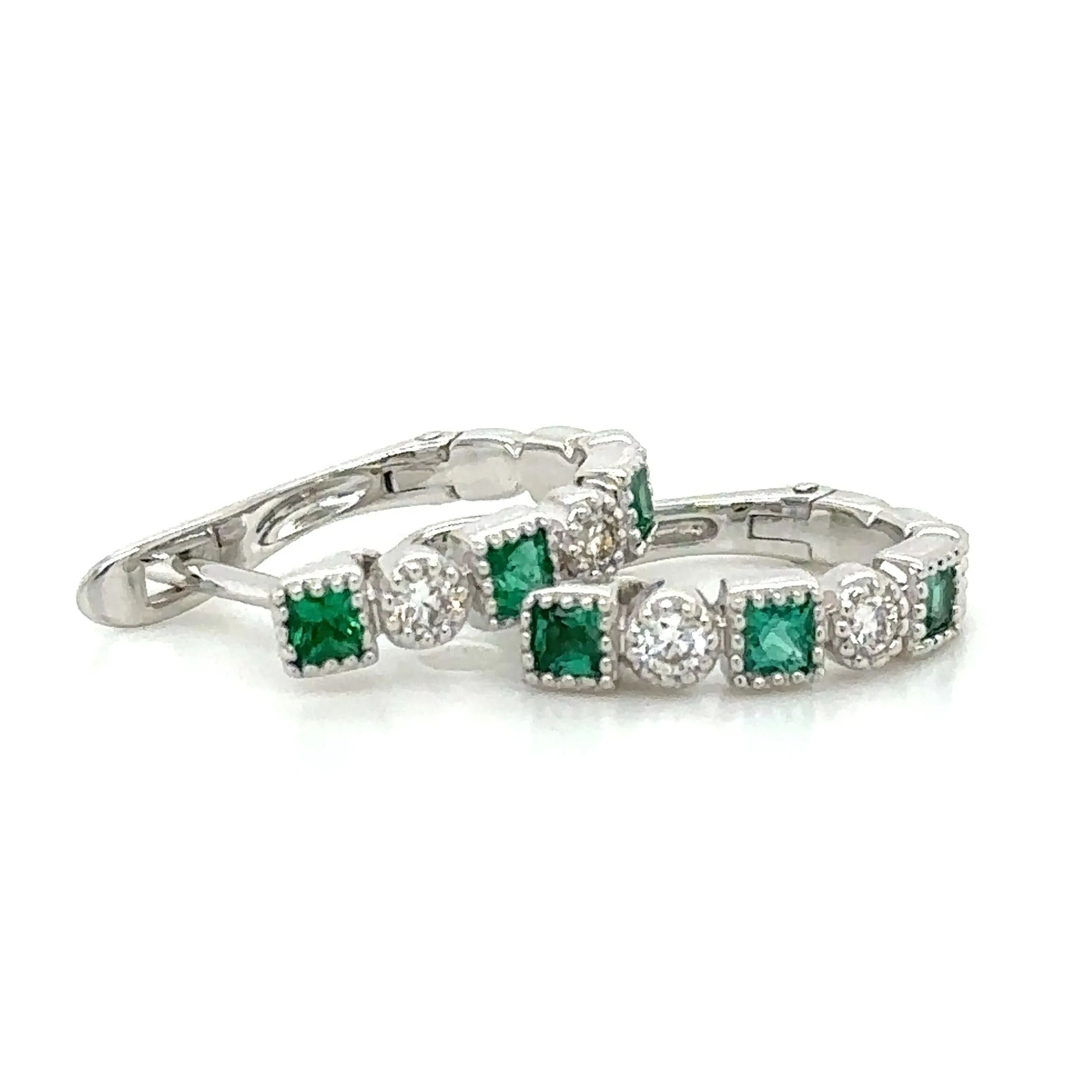 Ladies 3 Stone Princess-cut Emerald & Diamond Huguie Earrings 0.40ct tw