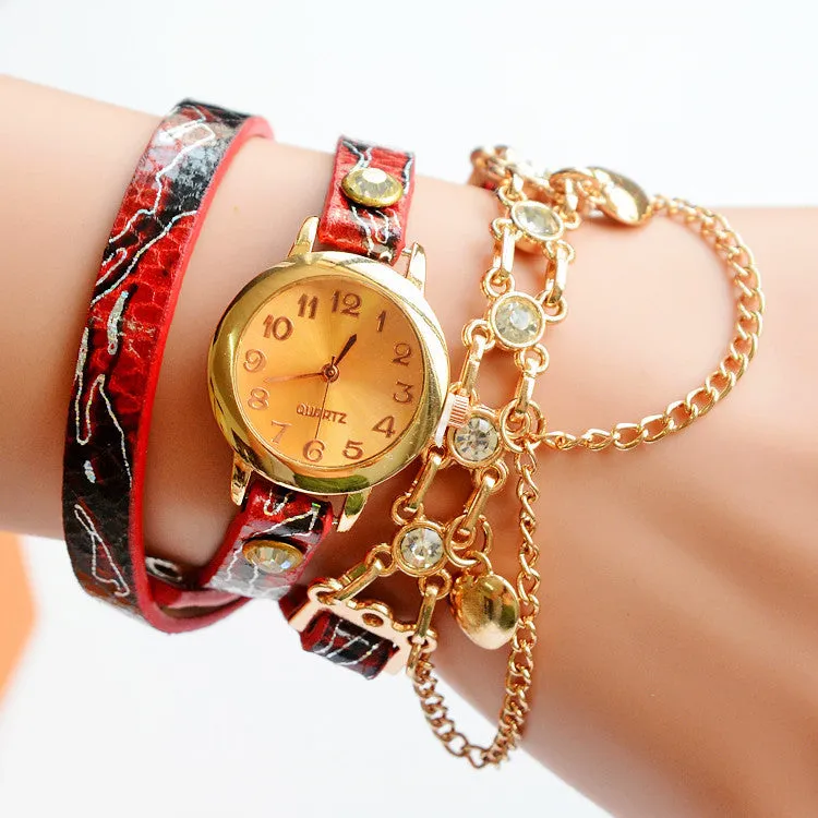 Lady Luxury Leather Chain Wrap Bracelet Watch Women Vintage Quartz Wristwatches