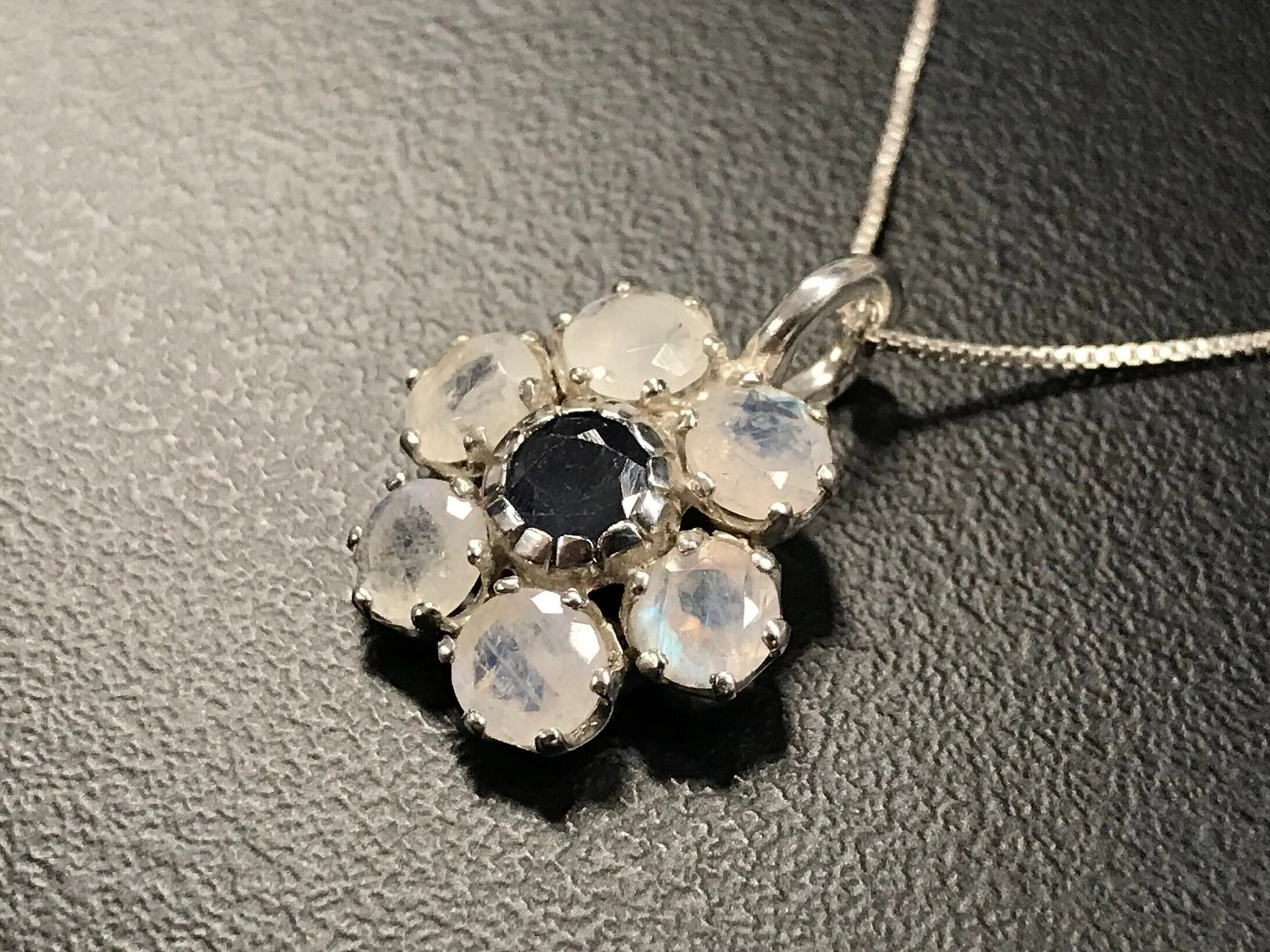 Large Daisy Pendant - Genuine Sapphire Moonstone - White Blue Necklace