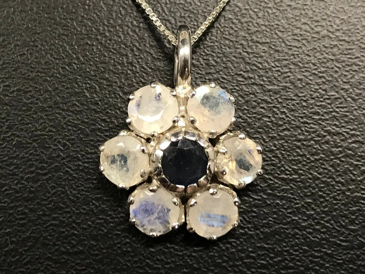 Large Daisy Pendant - Genuine Sapphire Moonstone - White Blue Necklace