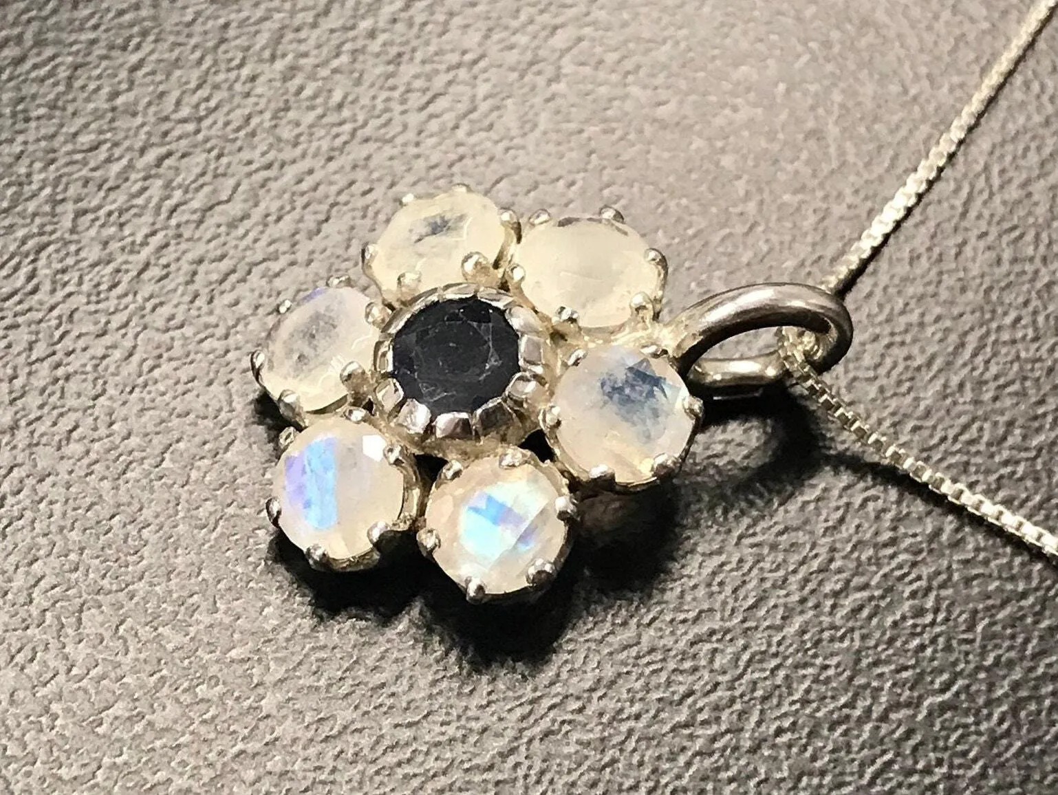 Large Daisy Pendant - Genuine Sapphire Moonstone - White Blue Necklace