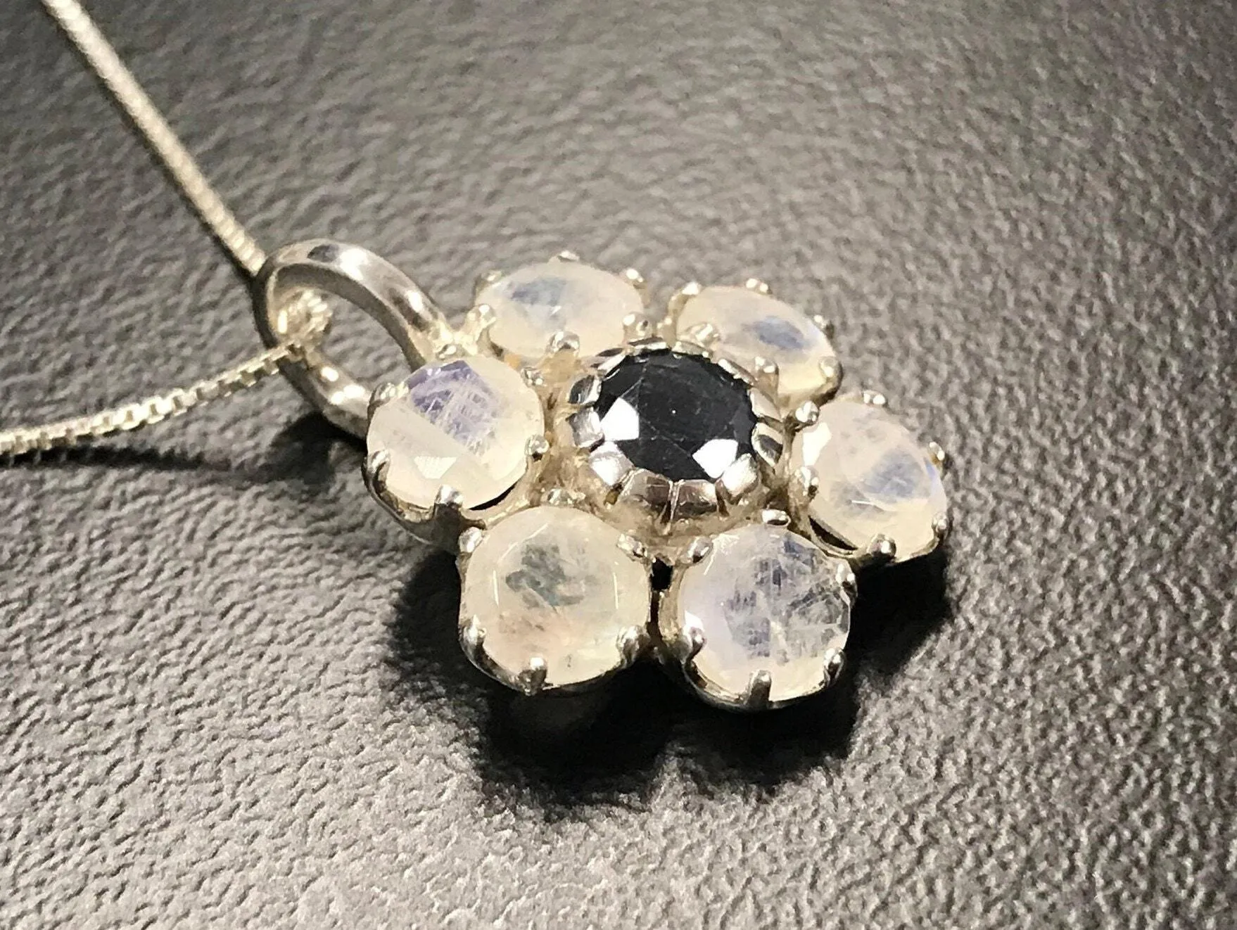 Large Daisy Pendant - Genuine Sapphire Moonstone - White Blue Necklace