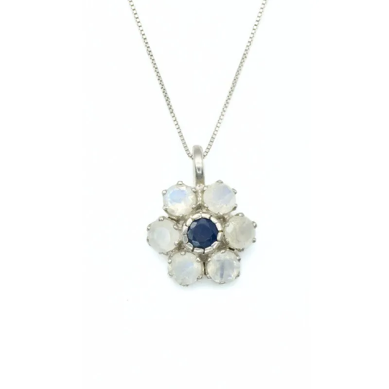 Large Daisy Pendant - Genuine Sapphire Moonstone - White Blue Necklace