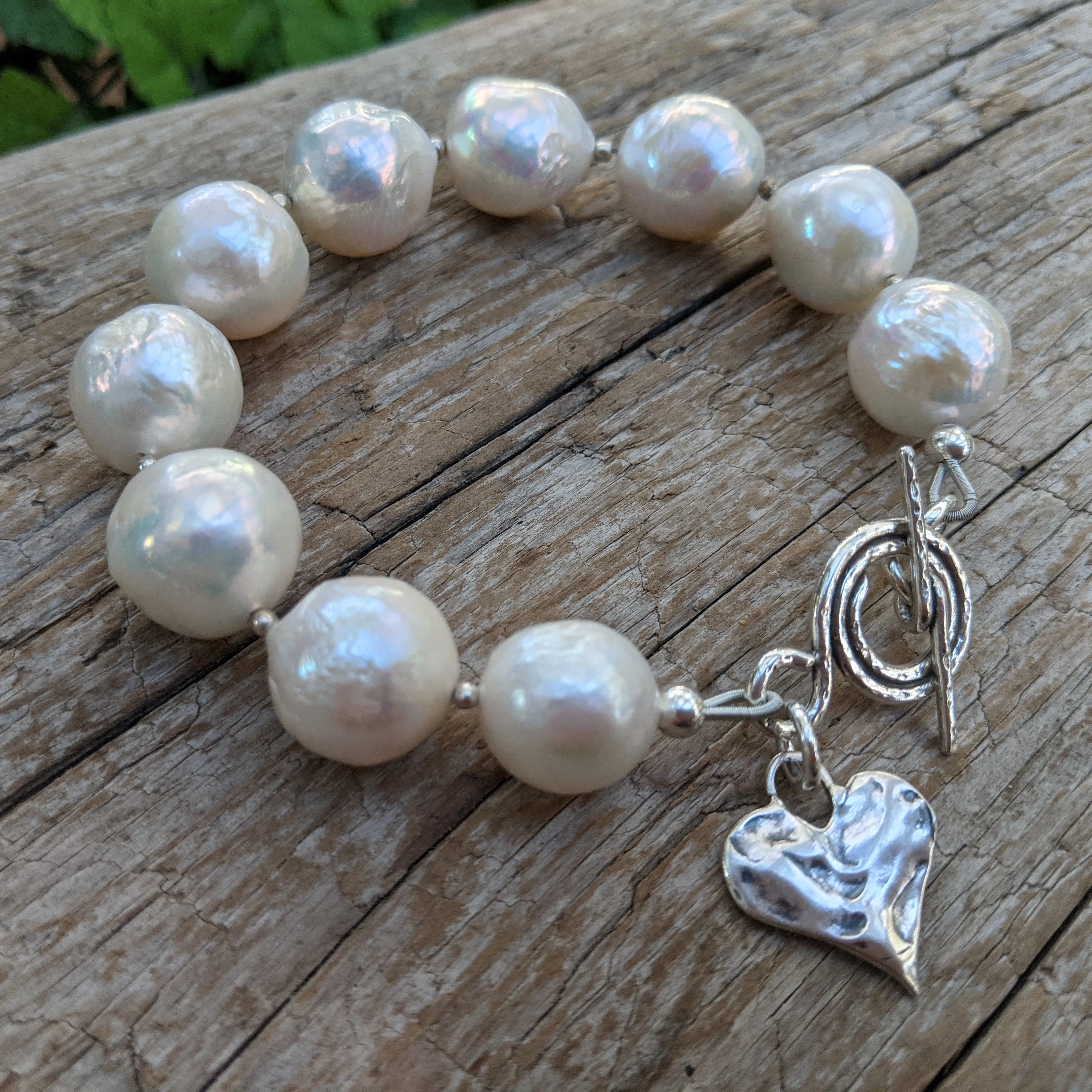 Large White Edison Pearl & Heart Toggle Bracelet