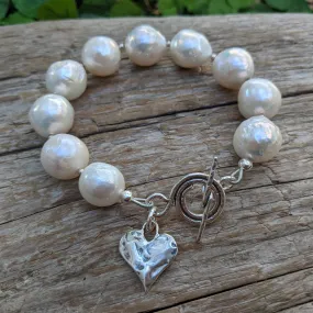 Large White Edison Pearl & Heart Toggle Bracelet