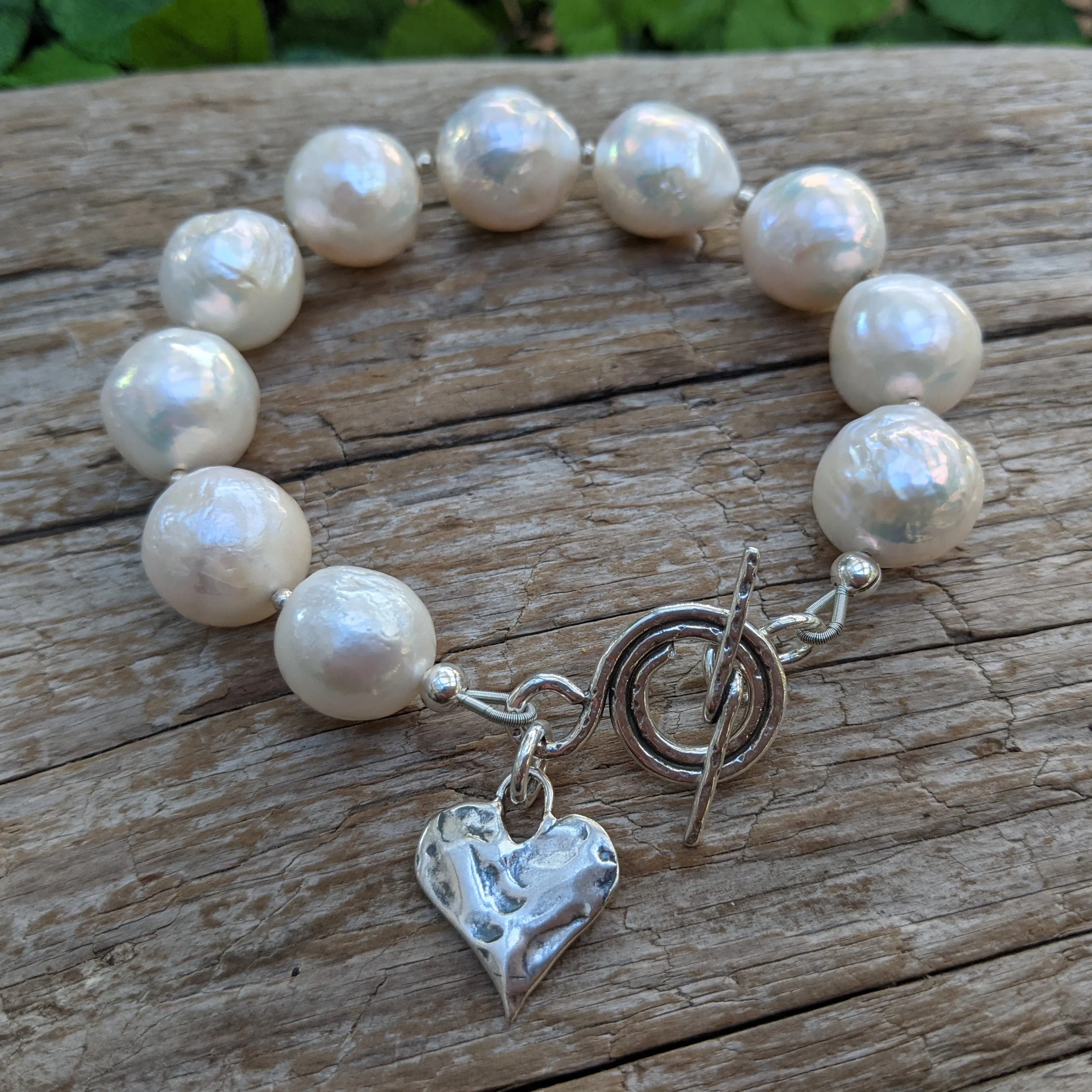 Large White Edison Pearl & Heart Toggle Bracelet