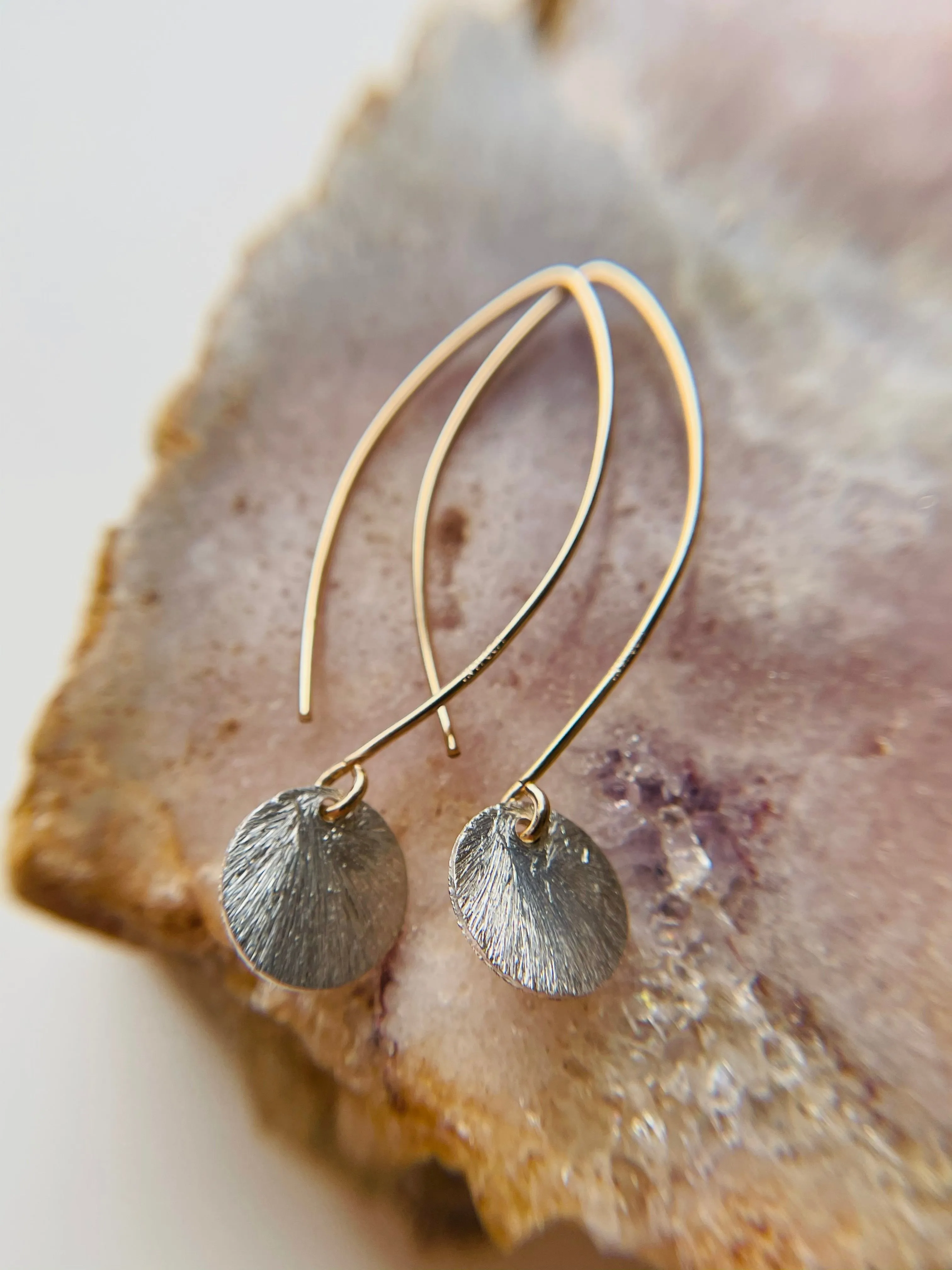 Long dangle mixed metal earrings - gold fill hooks with textured sterling silver pendant