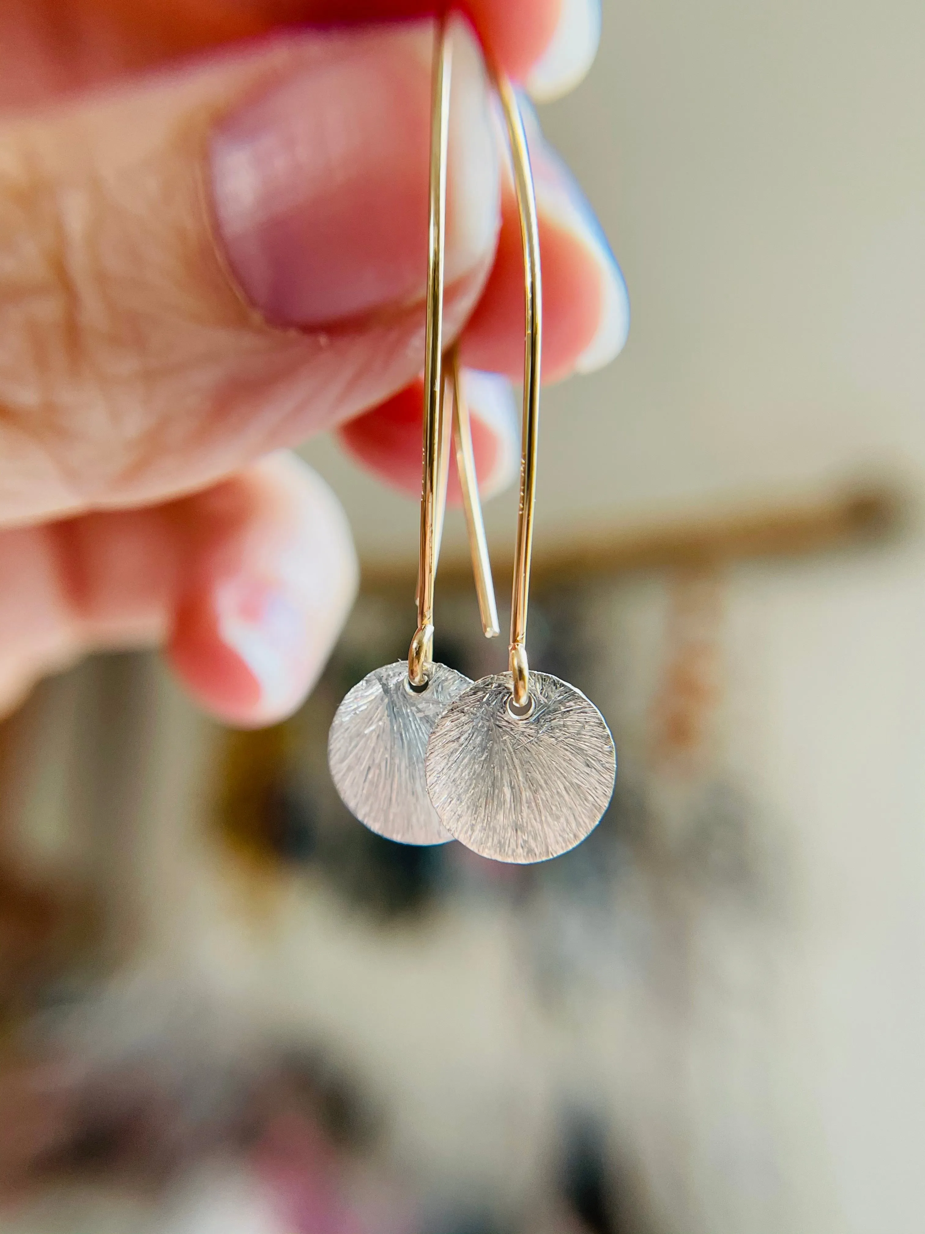 Long dangle mixed metal earrings - gold fill hooks with textured sterling silver pendant