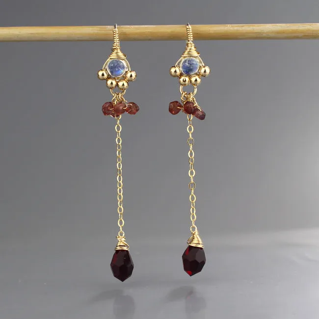 Long Dangle Moonstone Garnet Spring Earrings