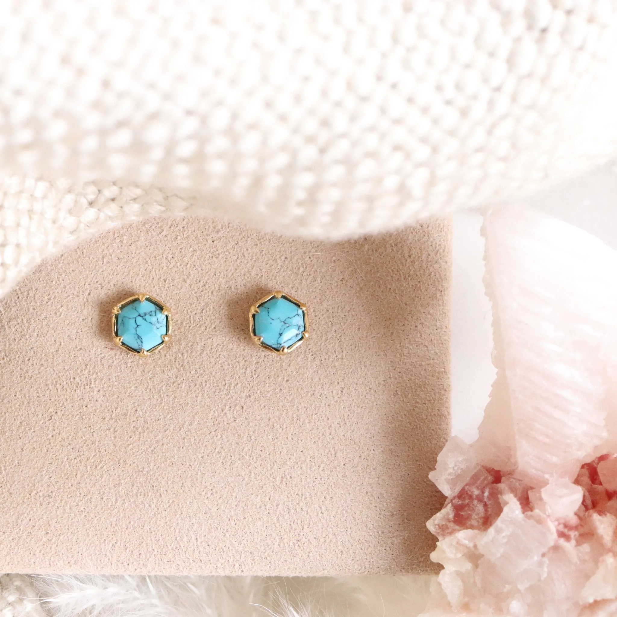 Mini Grace Hexagon Stud Earrings - Turquoise & Gold