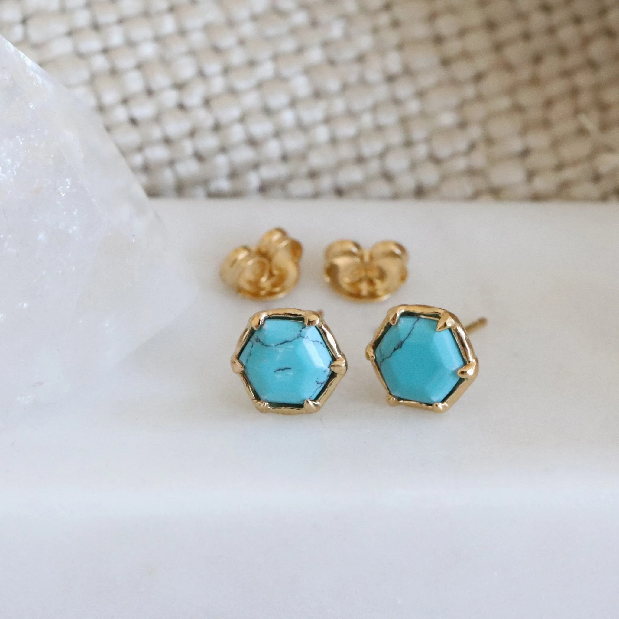 Mini Grace Hexagon Stud Earrings - Turquoise & Gold