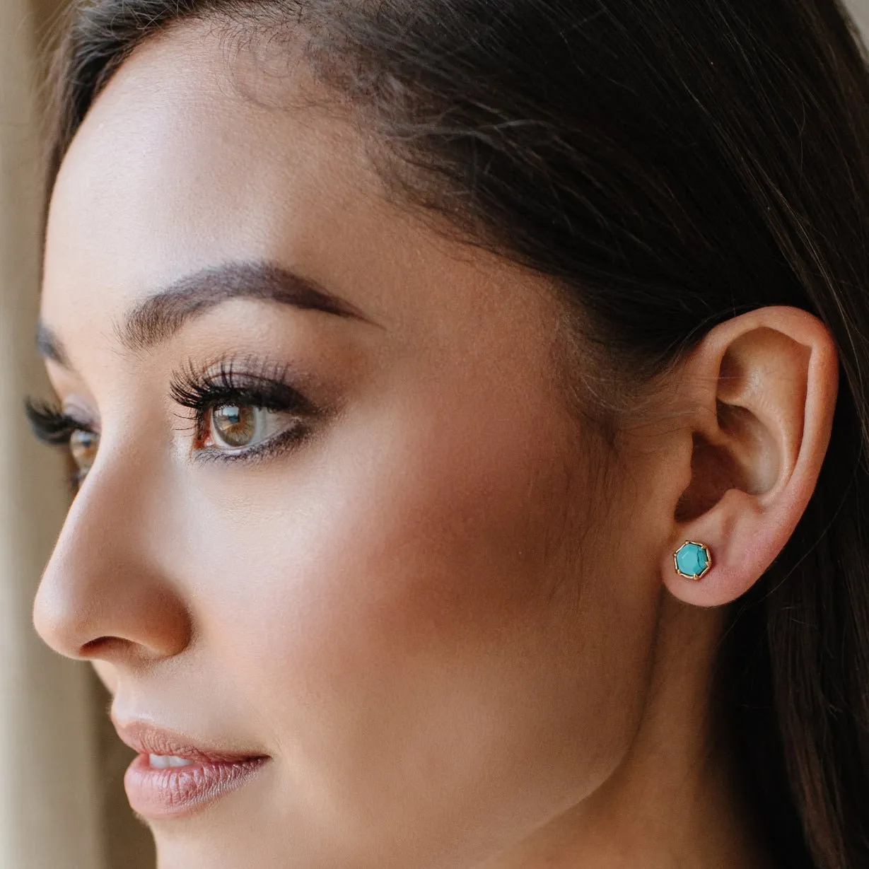 Mini Grace Hexagon Stud Earrings - Turquoise & Gold