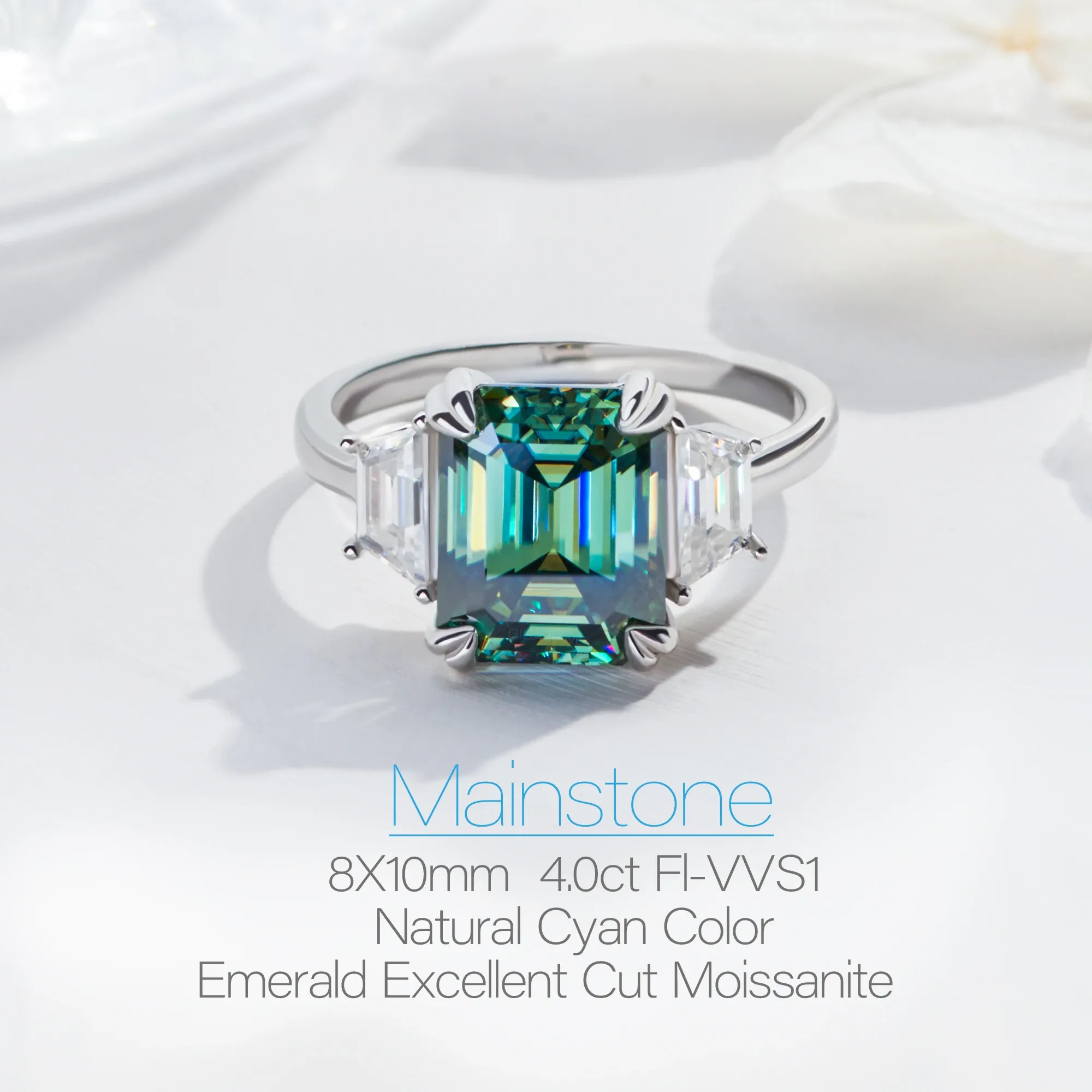 Moissanite Emerald Cut Natural Cyan 8X10mm 4.0ct S925 Silver Ring Diamond