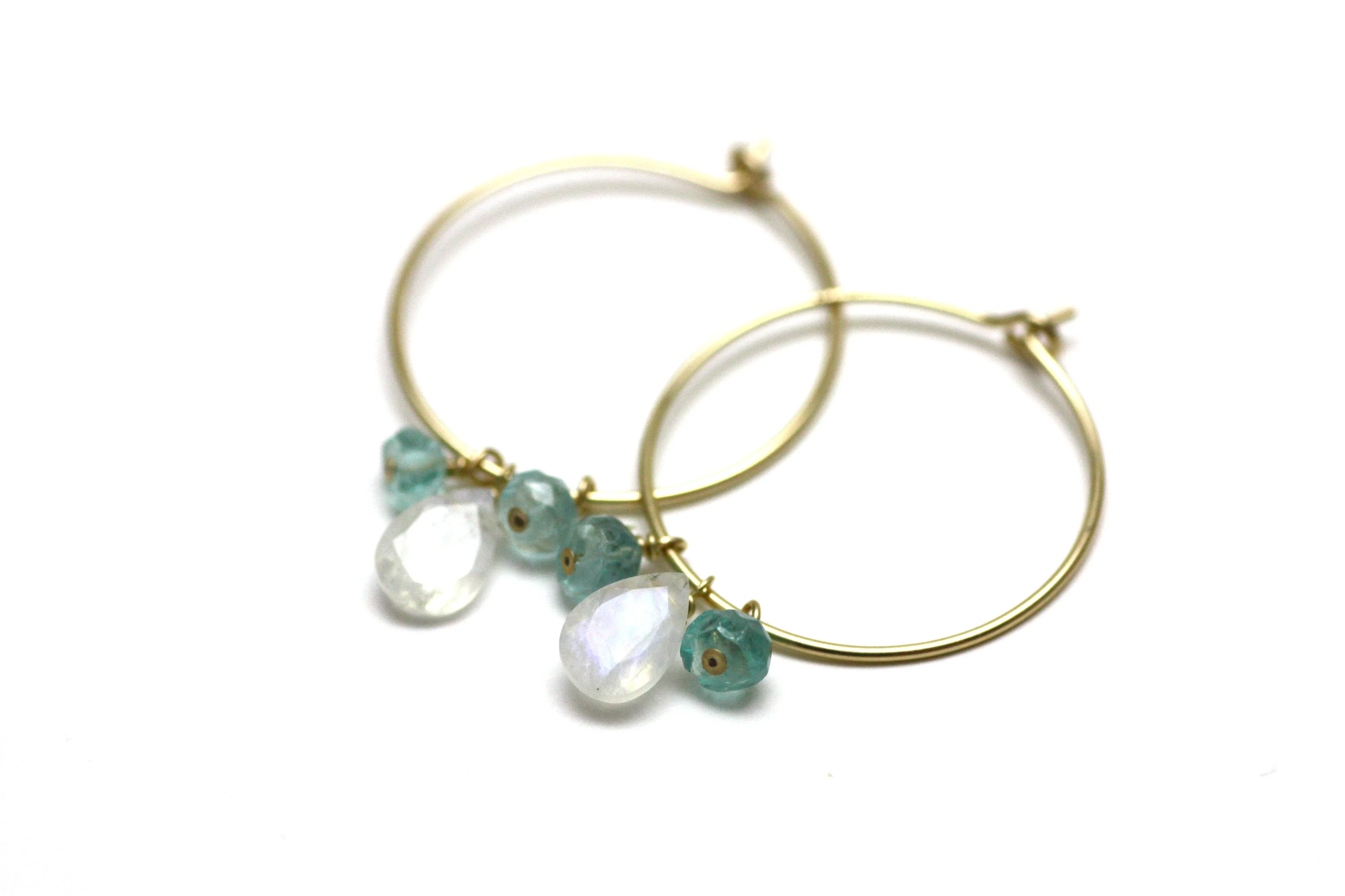 Moonstone and Blue Apatite Hoop Earrings in Gold