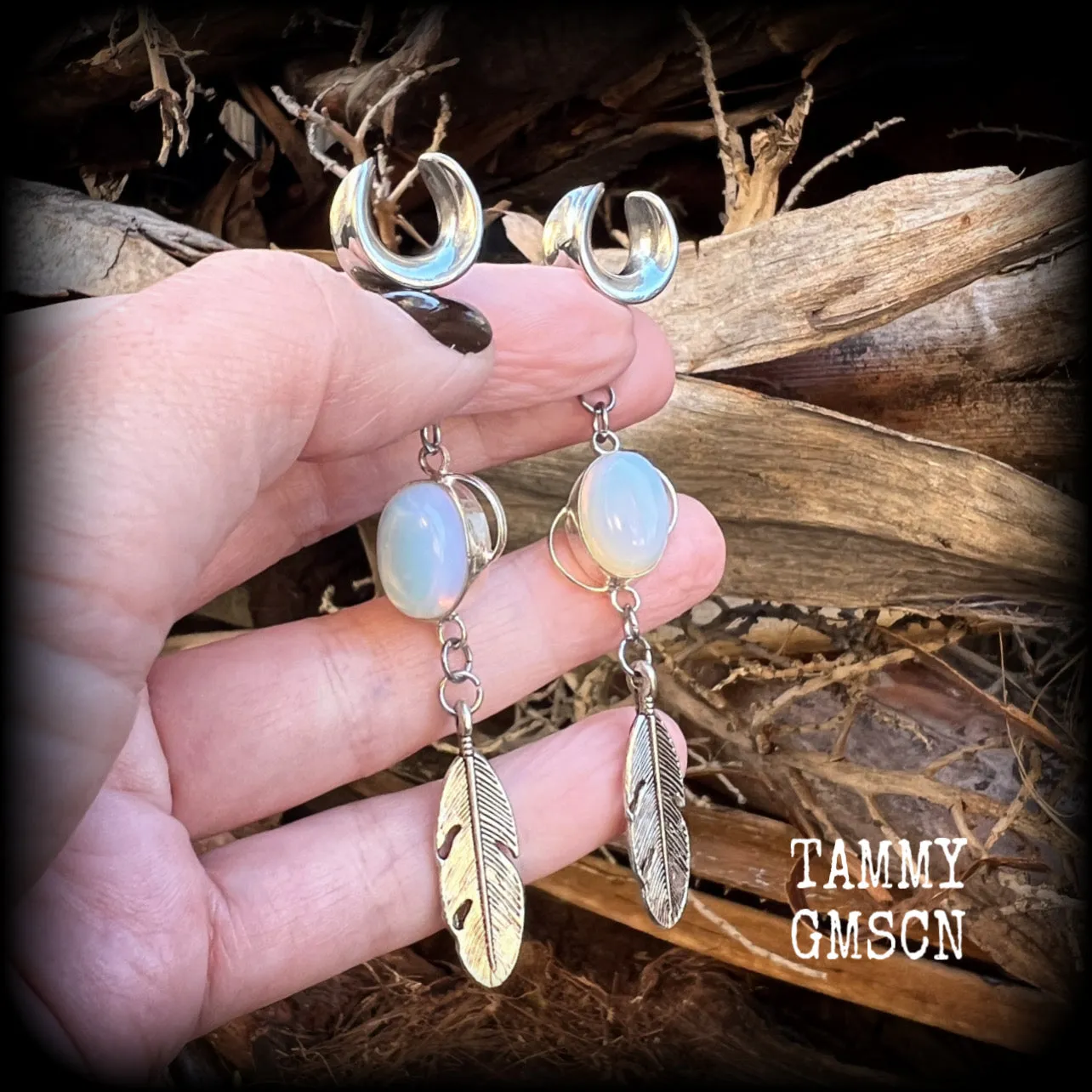 Moonstone and silver feather ear hangers-Gemstone goddess ear weights