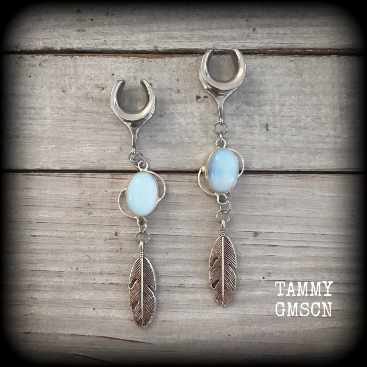 Moonstone and silver feather ear hangers-Gemstone goddess ear weights