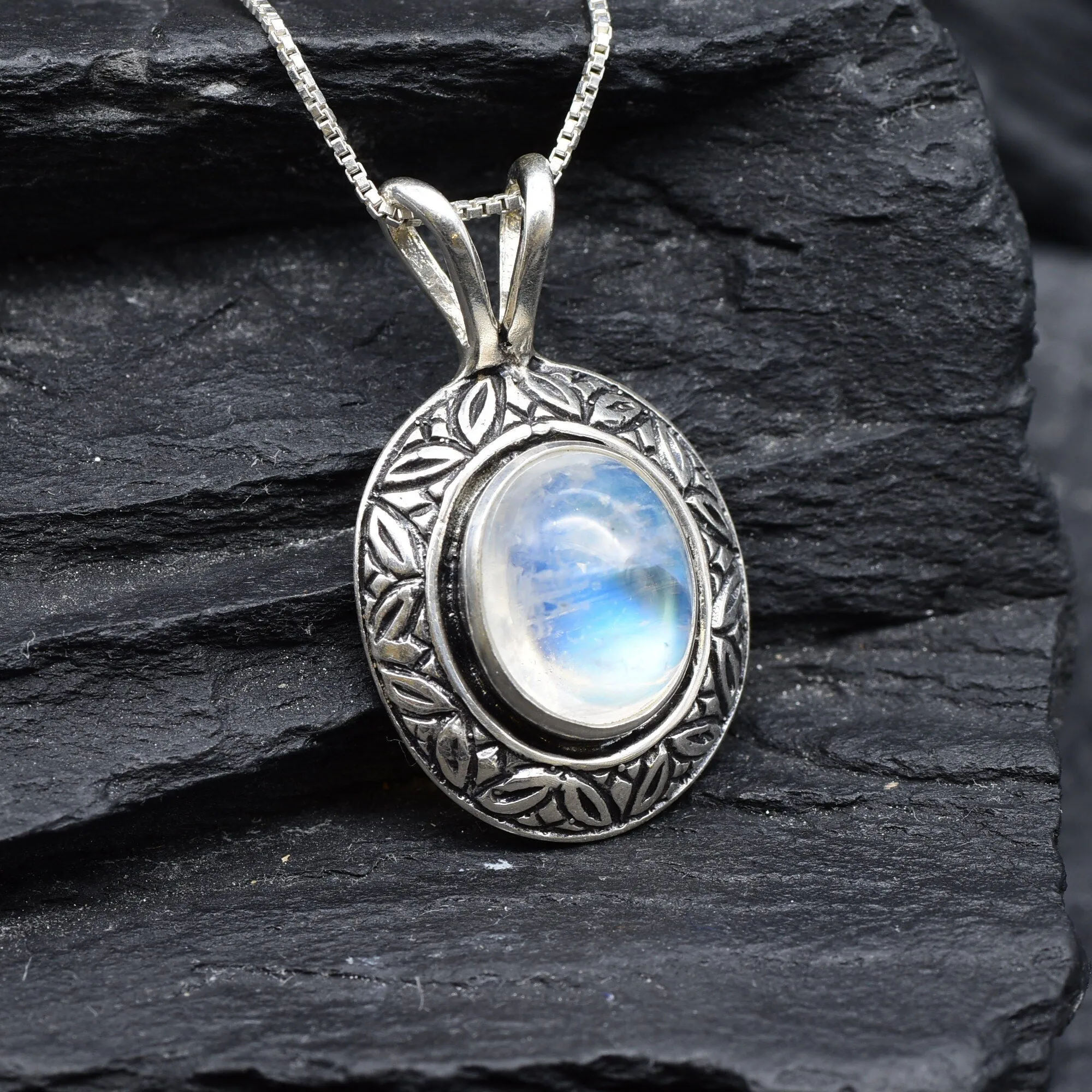 Moonstone Pendant - Vintage Oval Necklace - White Boho Necklace