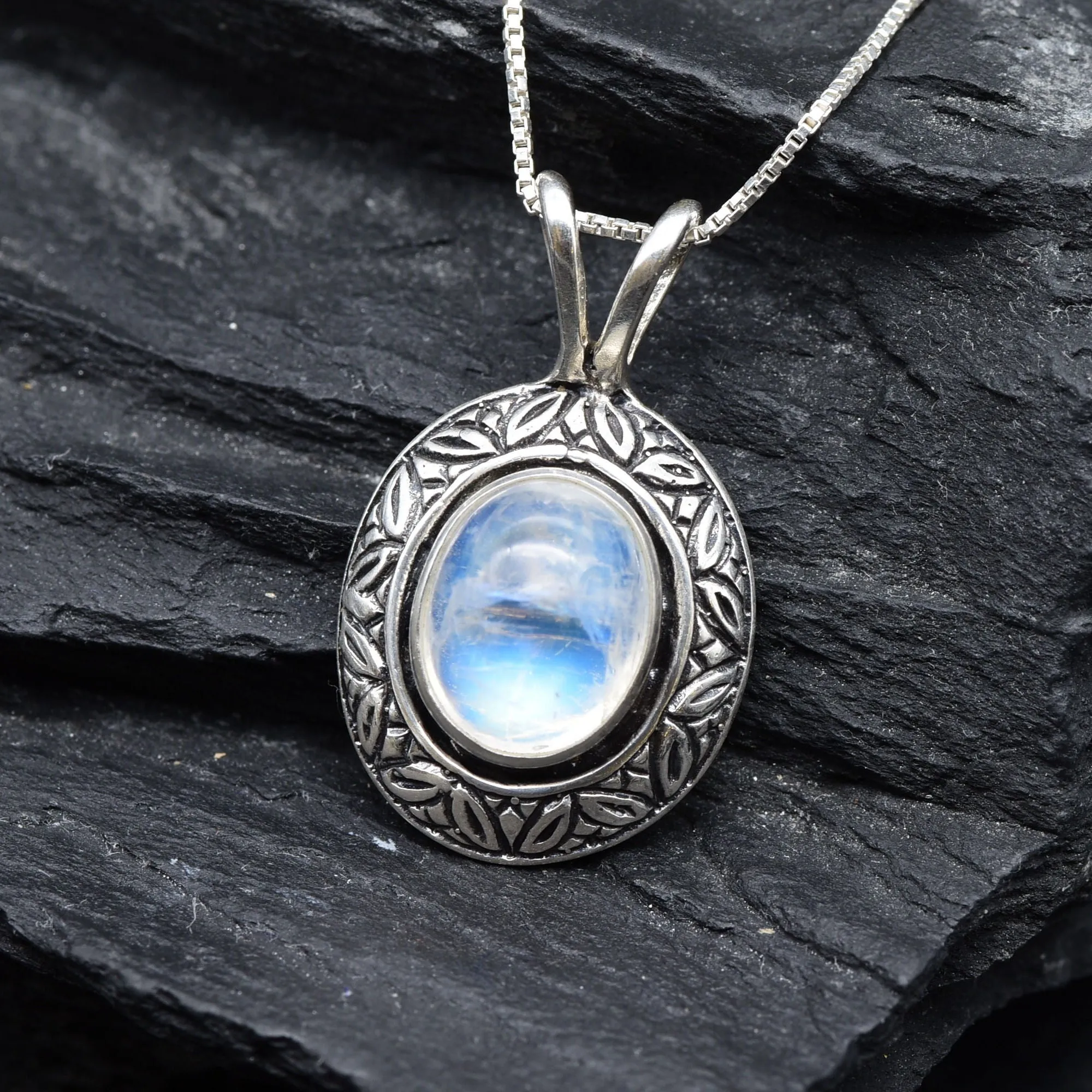 Moonstone Pendant - Vintage Oval Necklace - White Boho Necklace