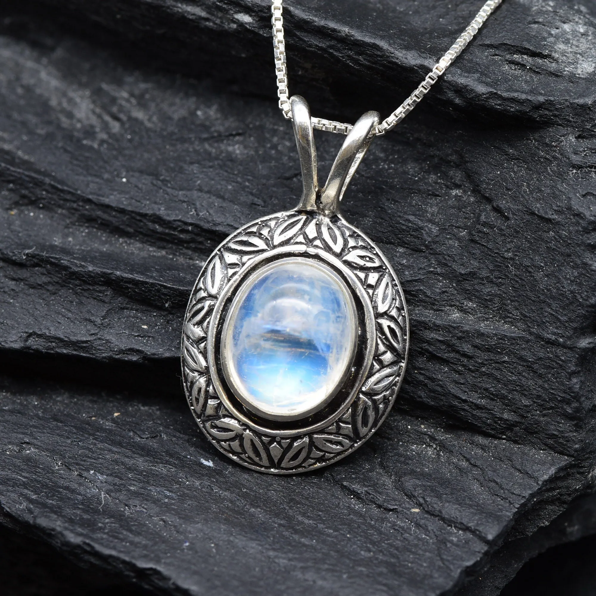 Moonstone Pendant - Vintage Oval Necklace - White Boho Necklace