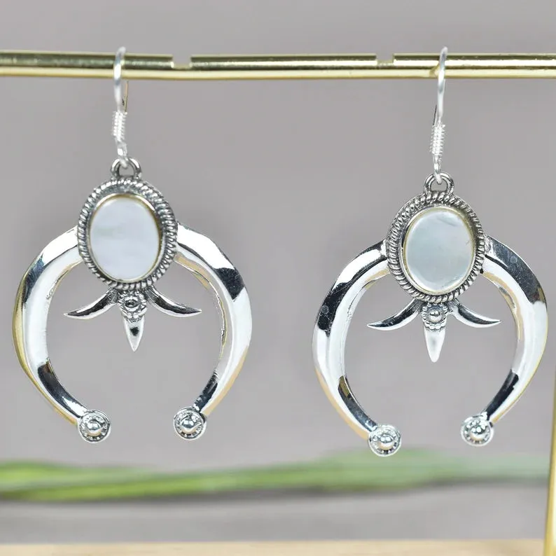 Native American Crescent Moon Rainbow Moonstone Earrings - 925 Sterling Silver Southwestern Style Earrings