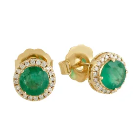 Natural Emerald Pave Diamond Halo Stud Earrings In 18k Yellow Gold For Women