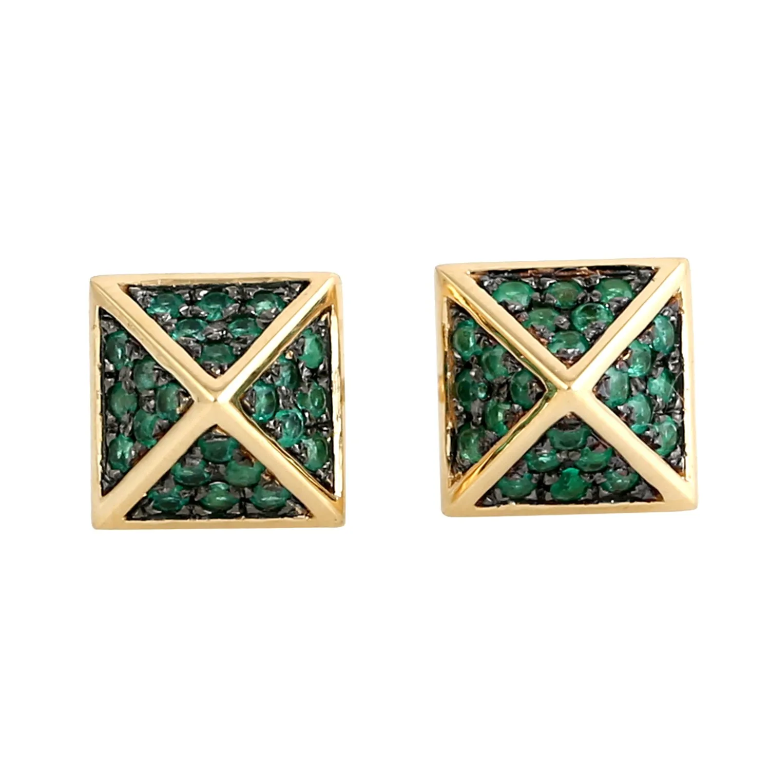 Natural Emerald Pave Spike Design Stud Earrings In 18k Yellow Gold