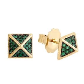 Natural Emerald Pave Spike Design Stud Earrings In 18k Yellow Gold