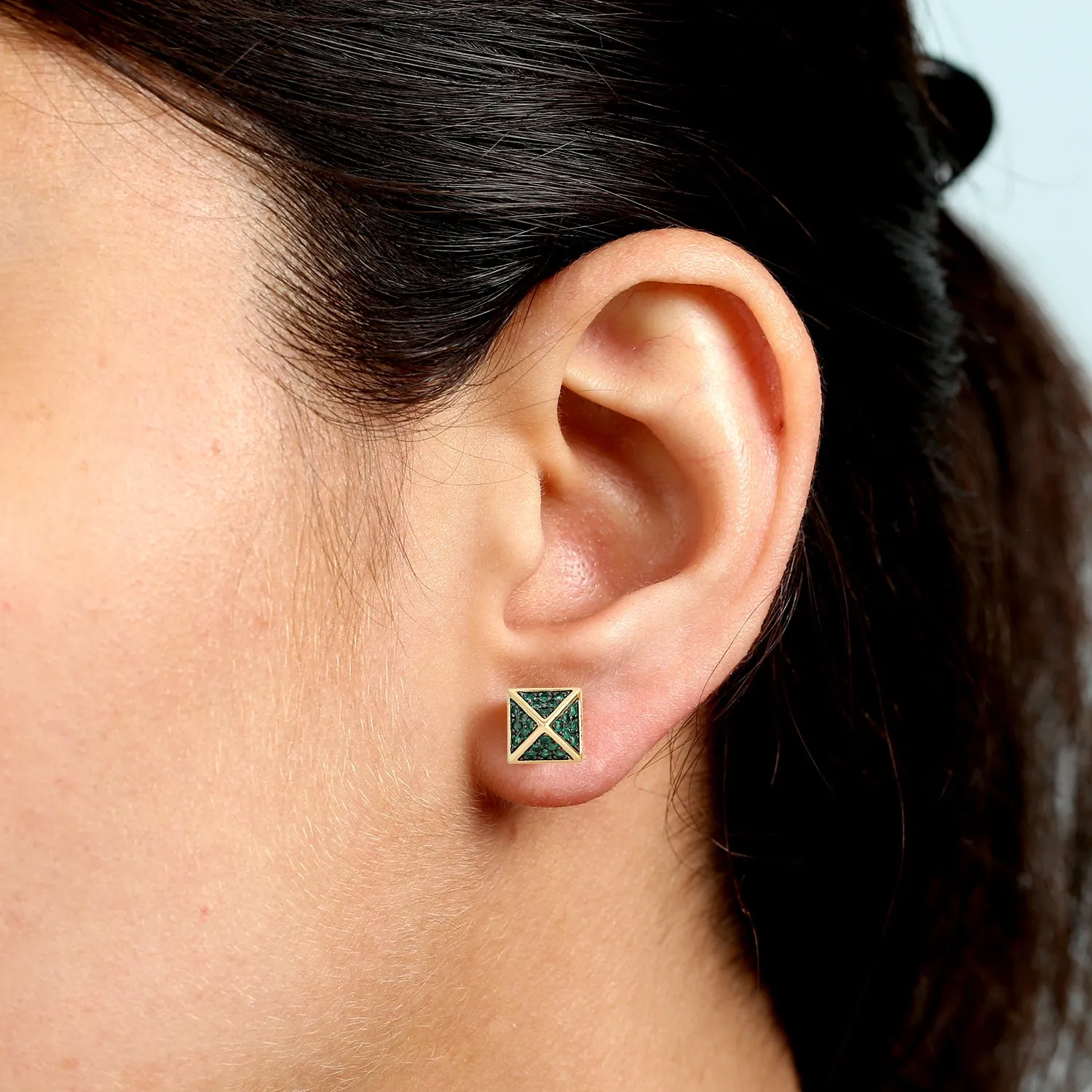 Natural Emerald Pave Spike Design Stud Earrings In 18k Yellow Gold