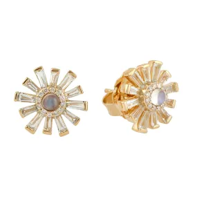 Natural Moonstone, Tapered Baguette Topaz & Diamond Sun Burst 18k Yellow Gold Stud Earrings