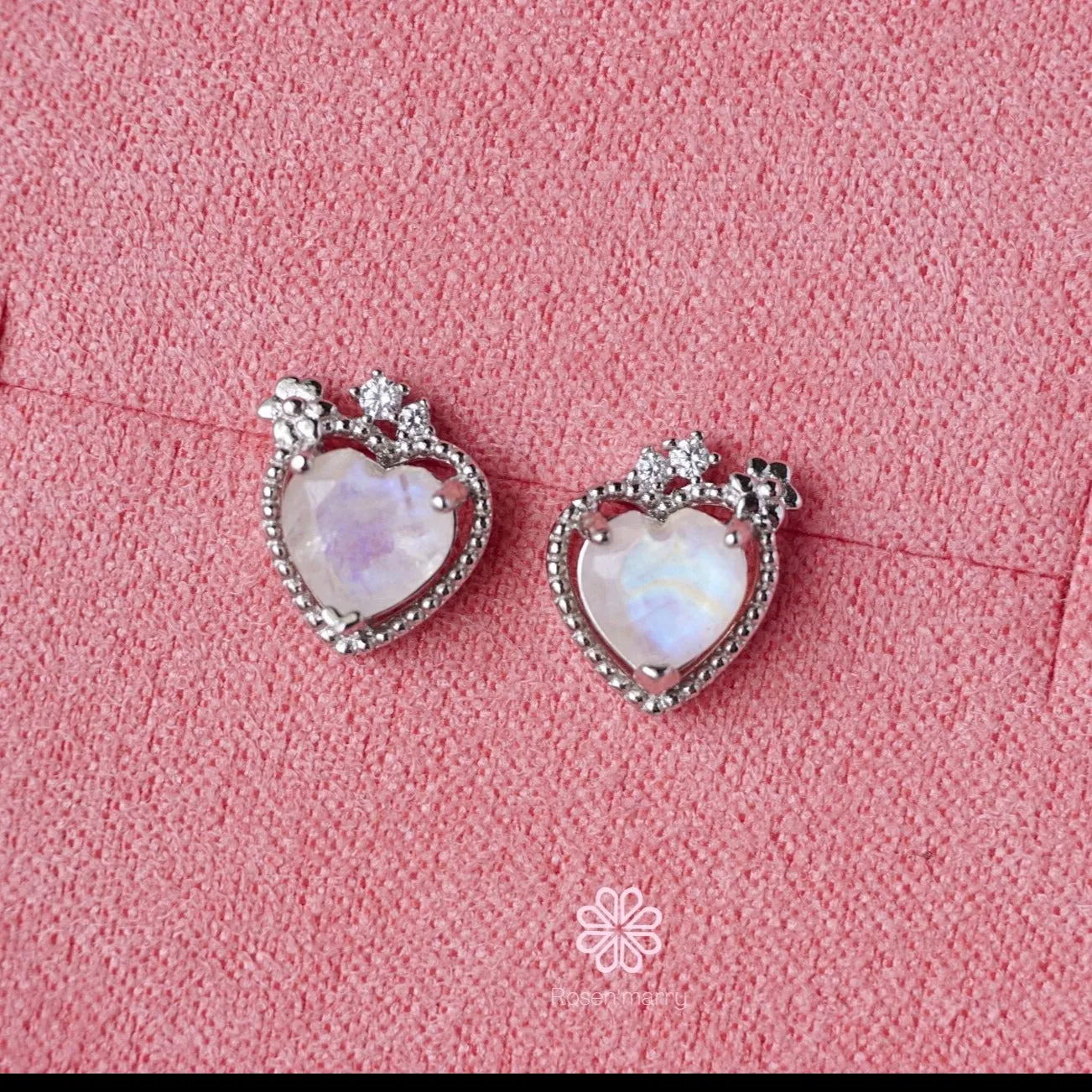 Natural Rainbow Moonstone Earrings Sterling Silver925 Heart Design. Birthstone July.