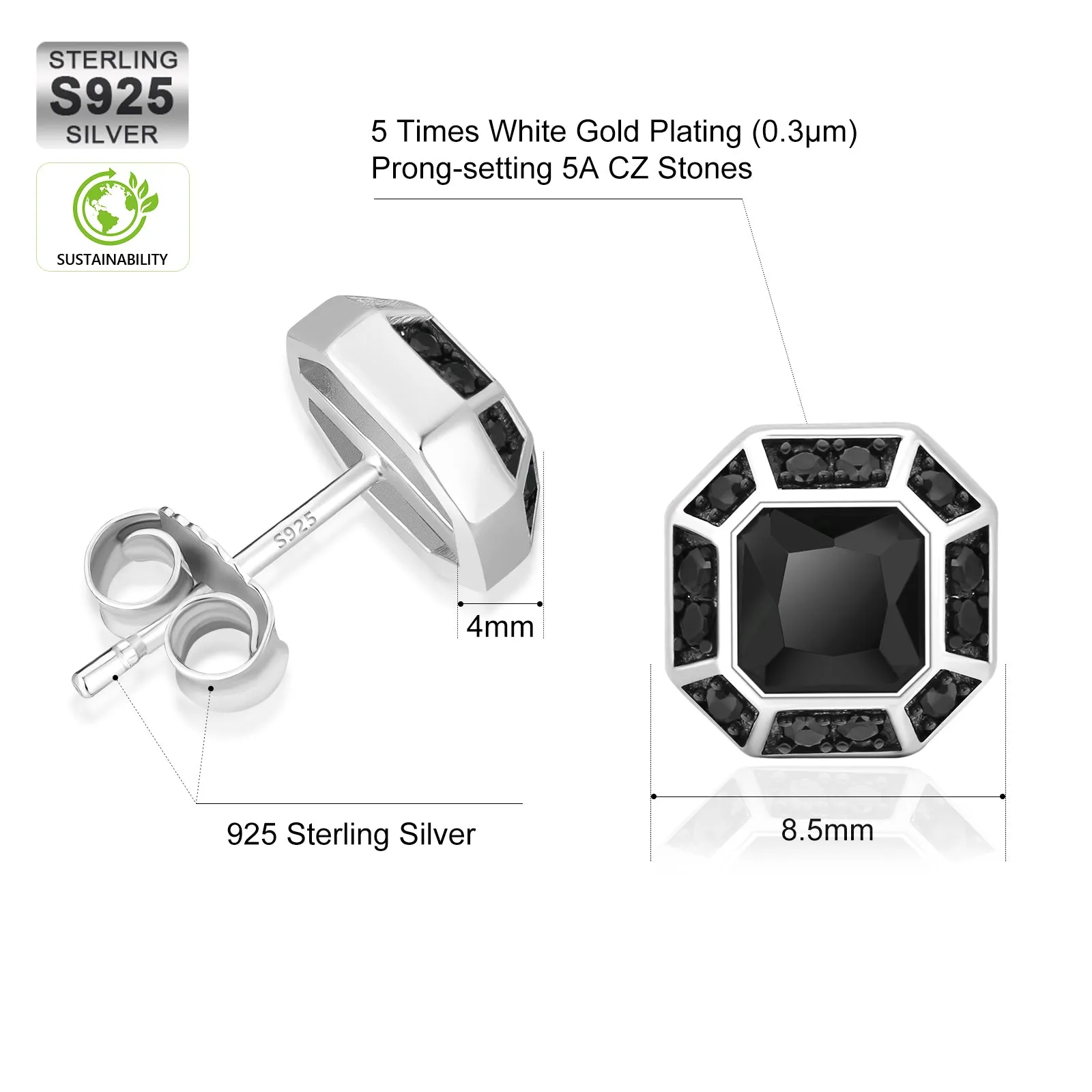 Octagon Black CZ Iced Stud Earrings for Men