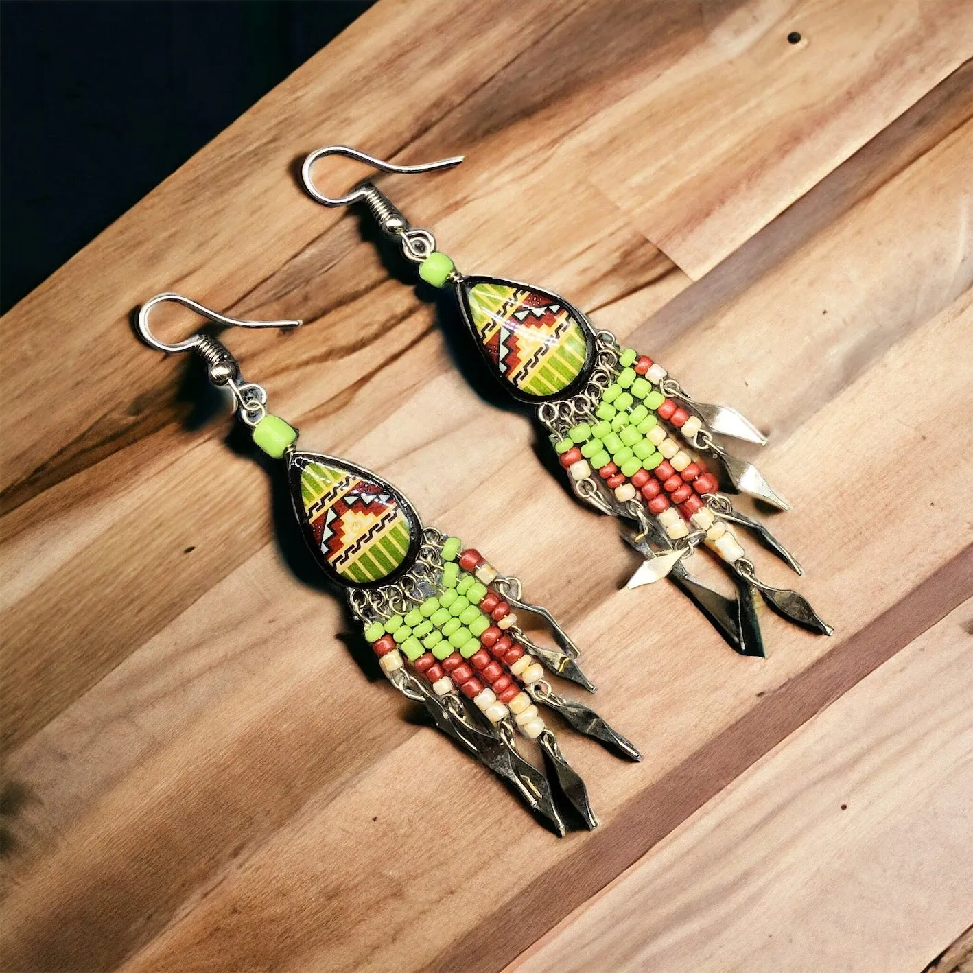 OldTribes™ Small Sized Southwestern Green and Red Teardrop Earrings