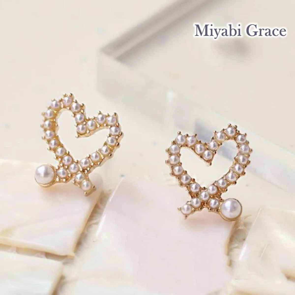 Open White Heart Pearl Gold Small Invisible Clip On Stud Earrings