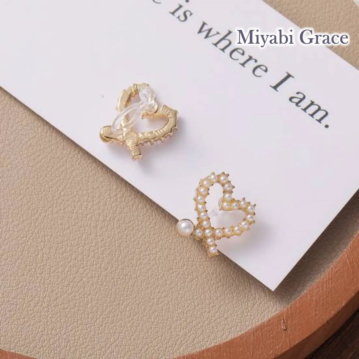 Open White Heart Pearl Gold Small Invisible Clip On Stud Earrings