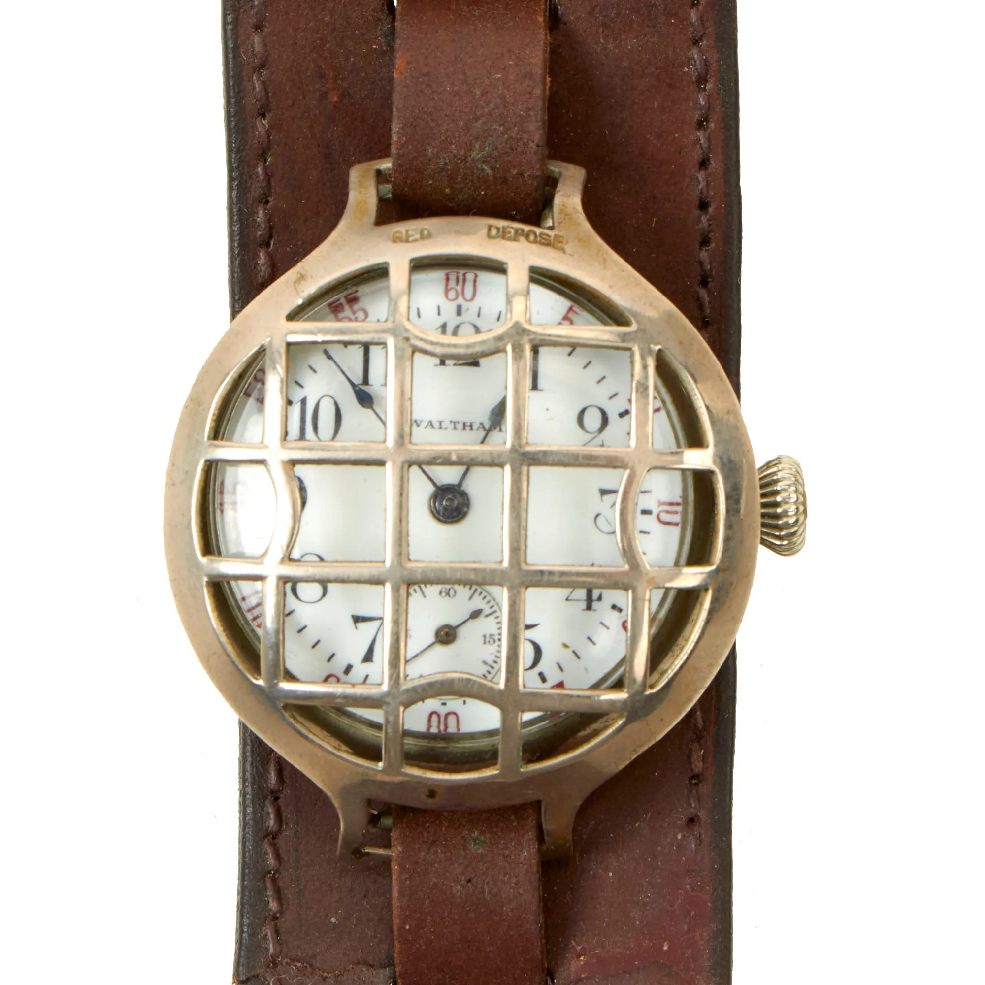 Original U.S. WWI Waltham Model 1907 “Trench Watch” Dated 1916 With Original Shrapnel Cage, Strap, Air Service Trench Art Cap Device and Period Photo