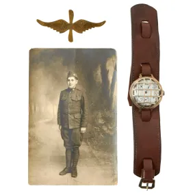 Original U.S. WWI Waltham Model 1907 “Trench Watch” Dated 1916 With Original Shrapnel Cage, Strap, Air Service Trench Art Cap Device and Period Photo