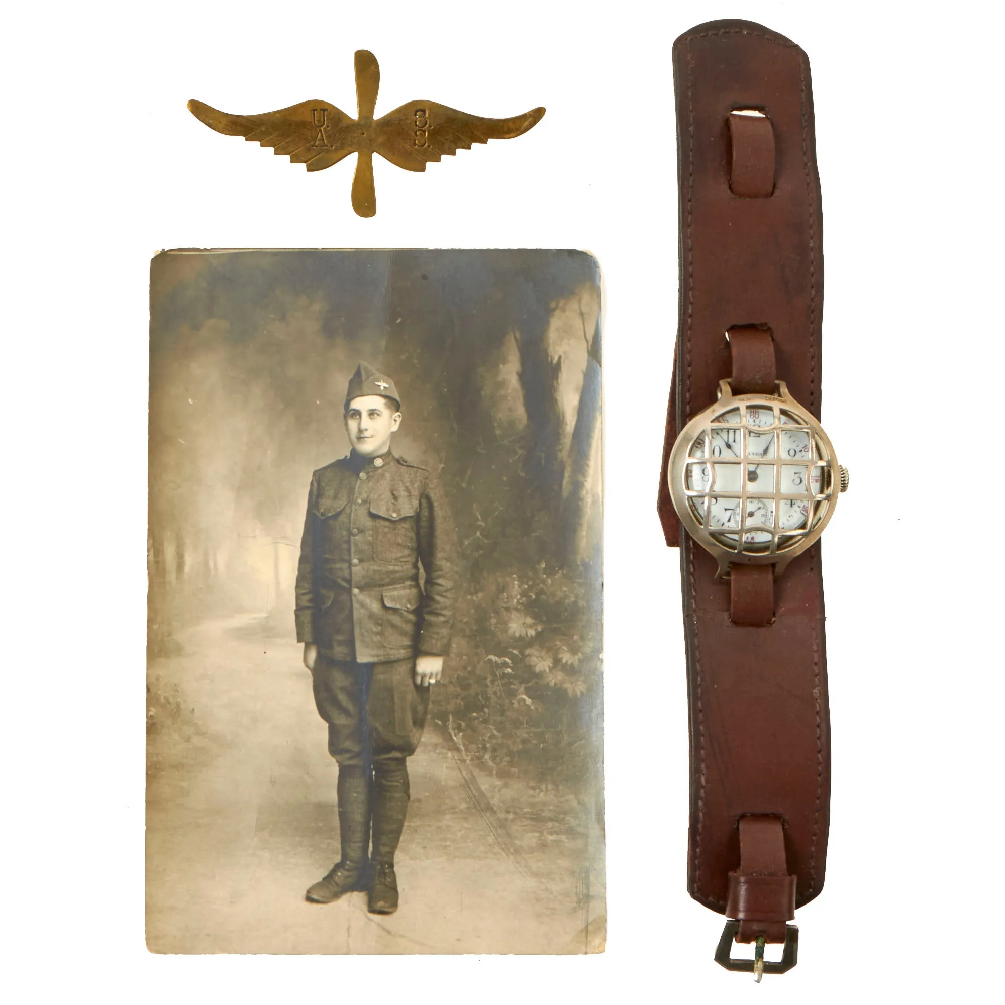 Original U.S. WWI Waltham Model 1907 “Trench Watch” Dated 1916 With Original Shrapnel Cage, Strap, Air Service Trench Art Cap Device and Period Photo