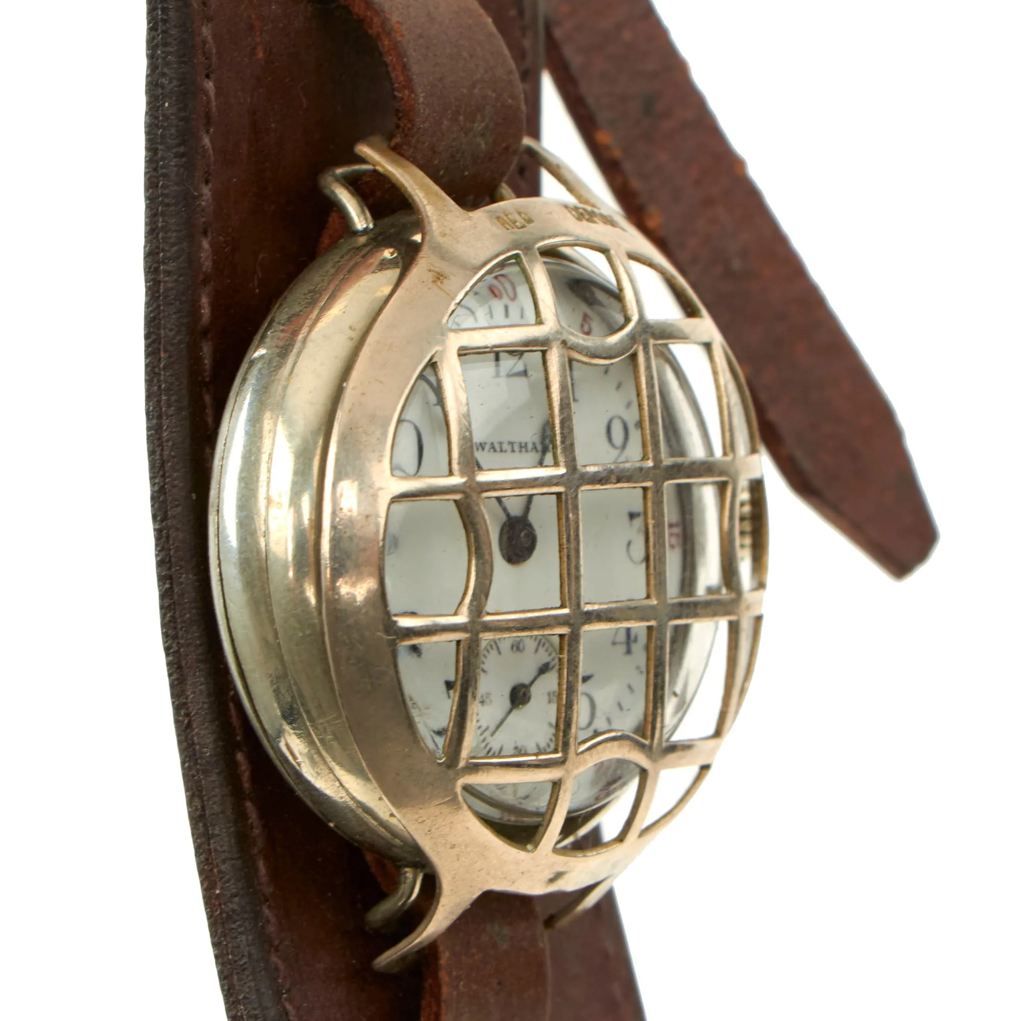 Original U.S. WWI Waltham Model 1907 “Trench Watch” Dated 1916 With Original Shrapnel Cage, Strap, Air Service Trench Art Cap Device and Period Photo