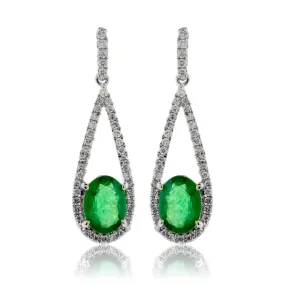 Oval Emerald and Diamond Tear Drop Dangle Earrings