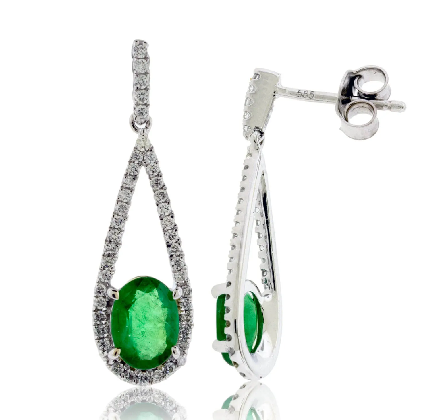 Oval Emerald and Diamond Tear Drop Dangle Earrings