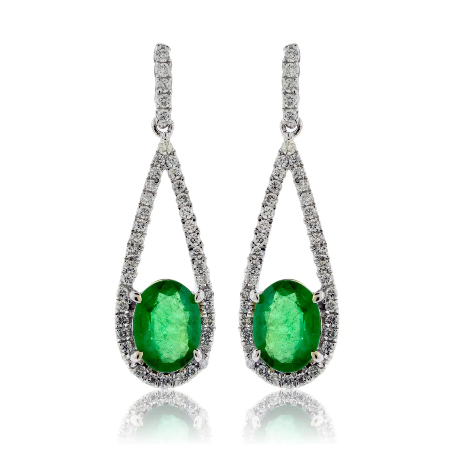 Oval Emerald and Diamond Tear Drop Dangle Earrings